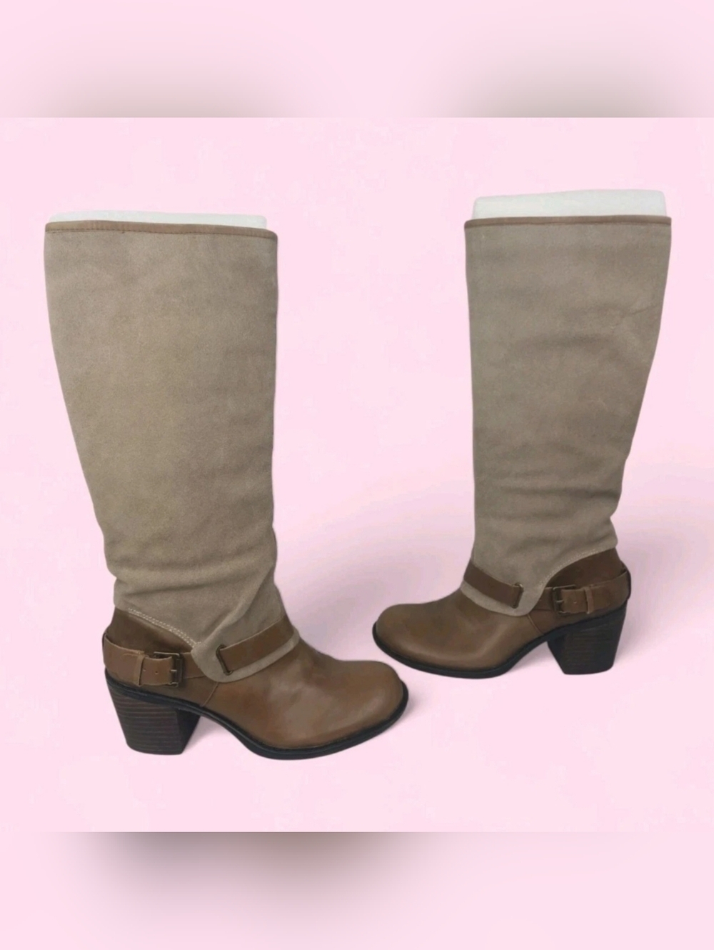 Bandolino Brown Leather & Taupe Suede Slouchy Tall Western Boots Stacked Heel 9